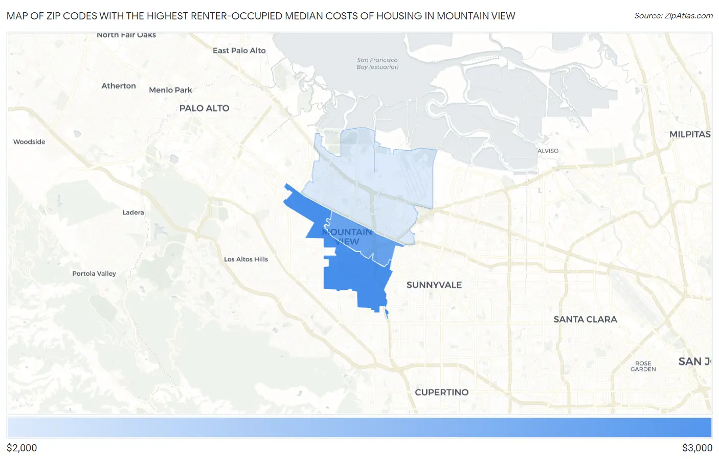 Zip Codes with the Highest Renter-Occupied Median Costs of Housing in Mountain View Map