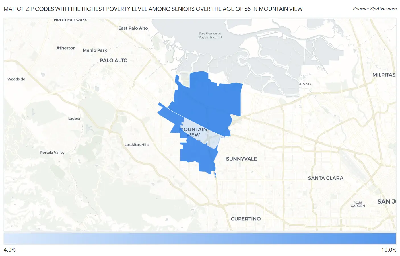 Zip Codes with the Highest Poverty Level Among Seniors Over the Age of 65 in Mountain View Map