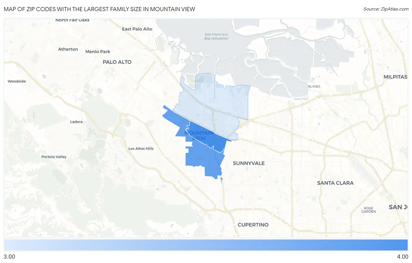 Zip Codes with the Largest Family Size in Mountain View Map