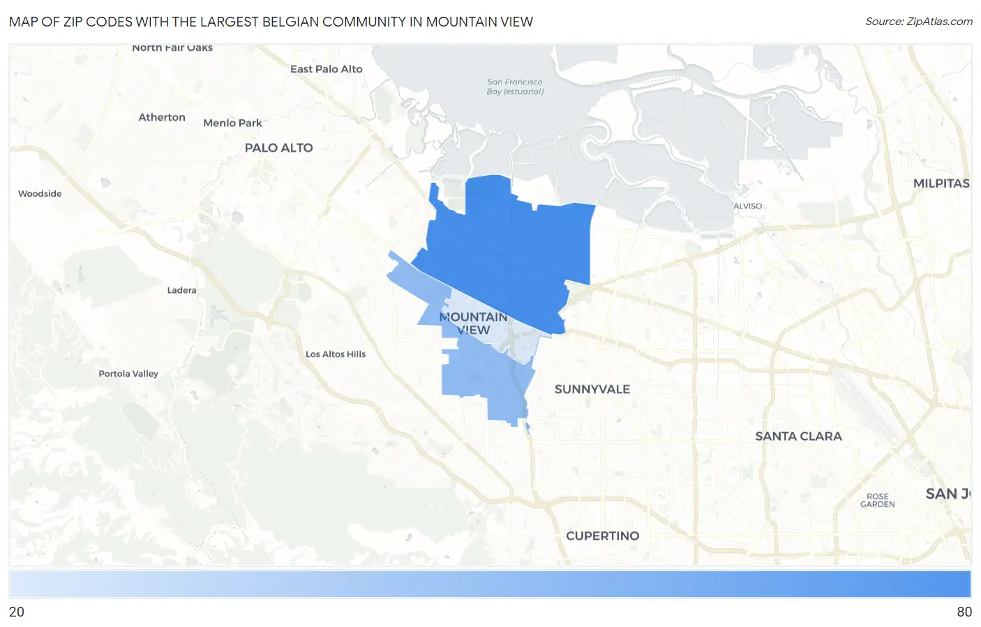 Zip Codes with the Largest Belgian Community in Mountain View Map