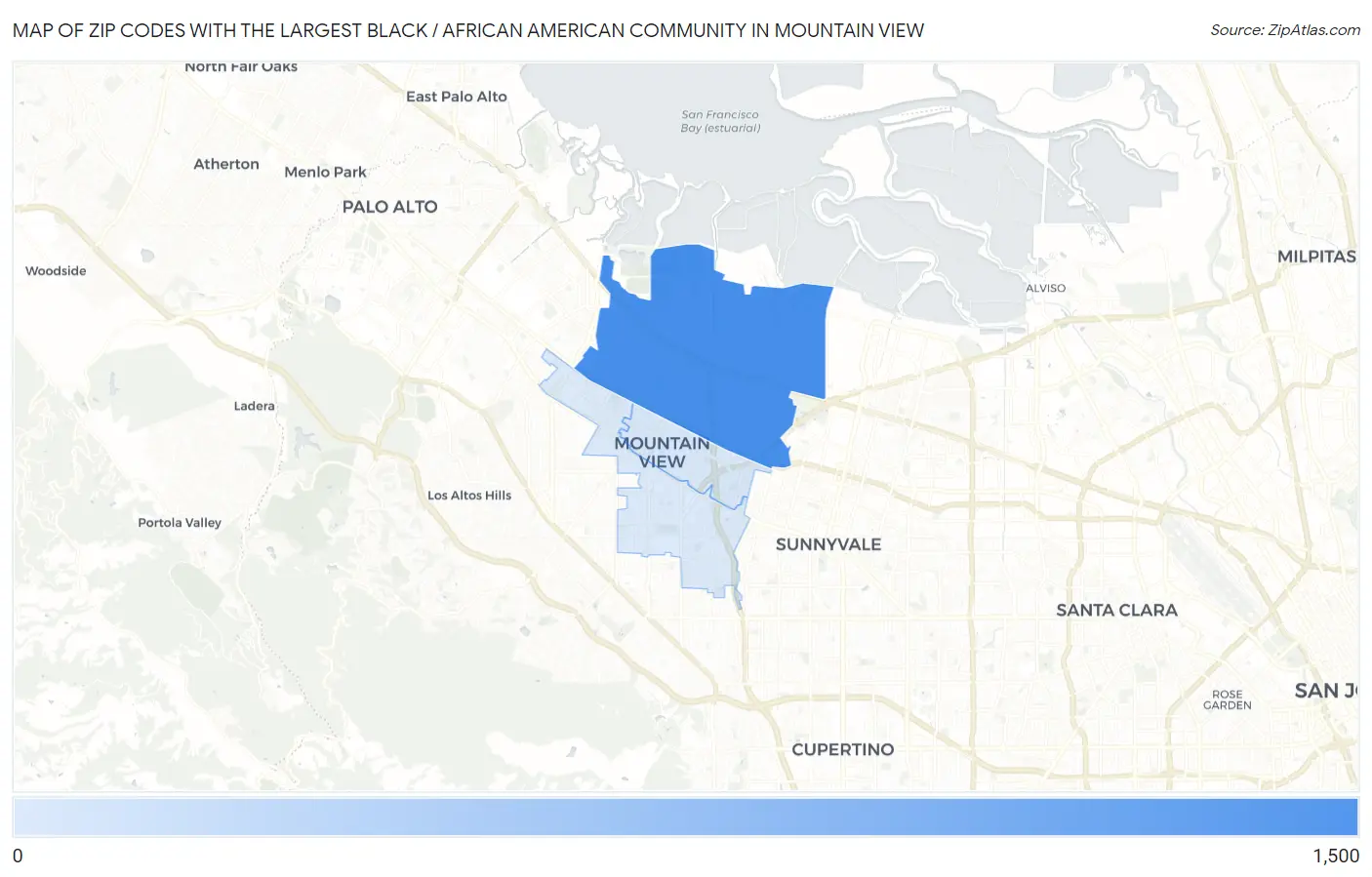Zip Codes with the Largest Black / African American Community in Mountain View Map