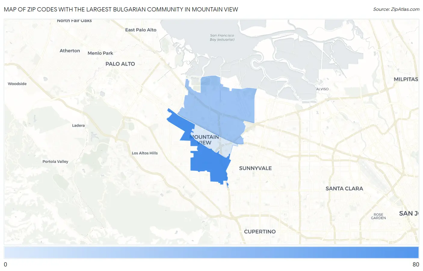 Zip Codes with the Largest Bulgarian Community in Mountain View Map