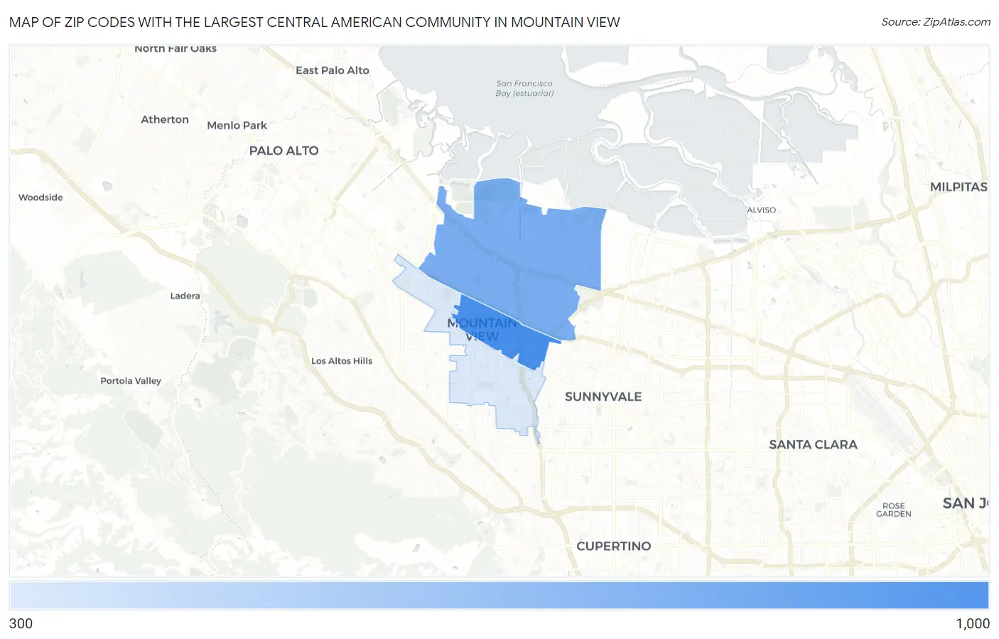 Zip Codes with the Largest Central American Community in Mountain View Map