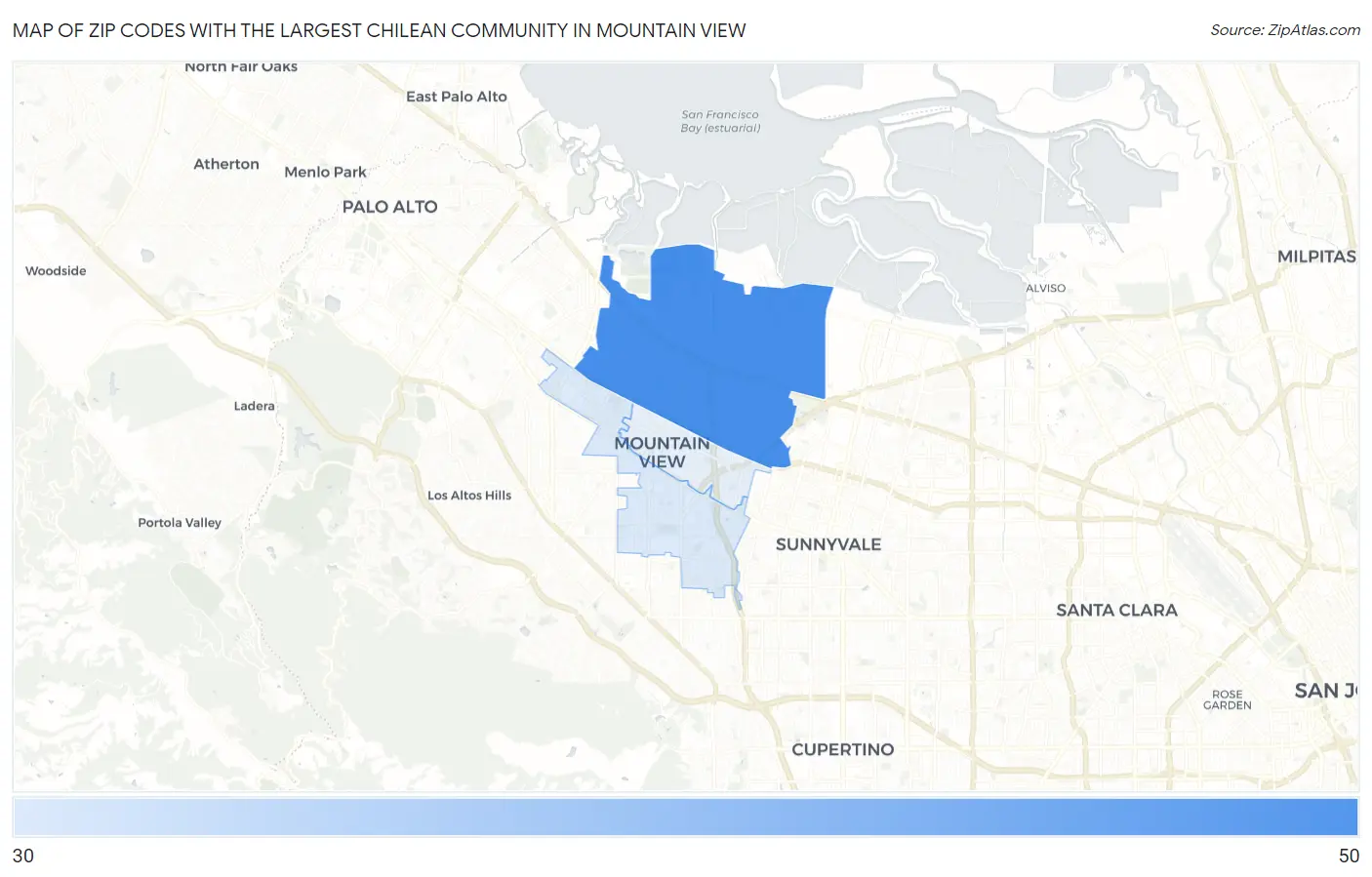 Zip Codes with the Largest Chilean Community in Mountain View Map