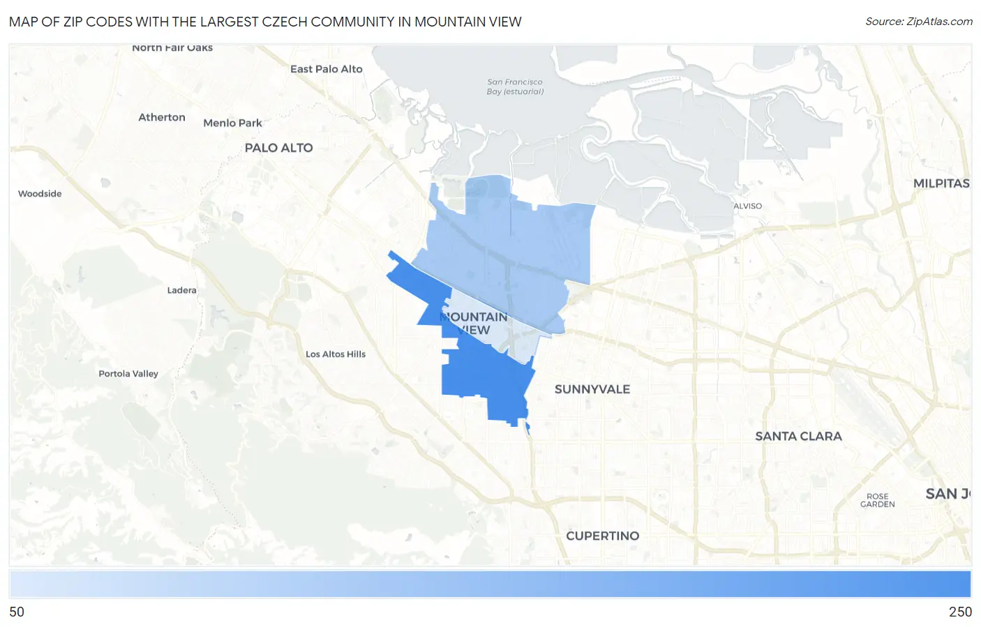 Zip Codes with the Largest Czech Community in Mountain View Map