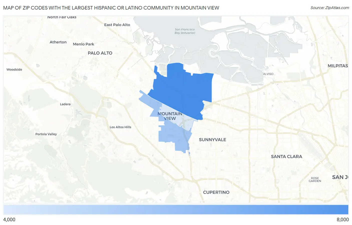 Zip Codes with the Largest Hispanic or Latino Community in Mountain View Map