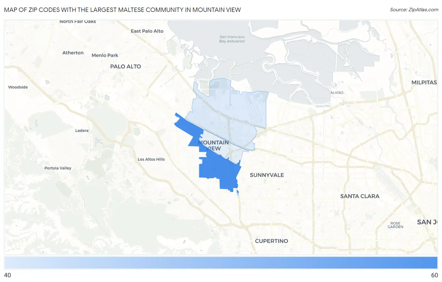 Zip Codes with the Largest Maltese Community in Mountain View Map