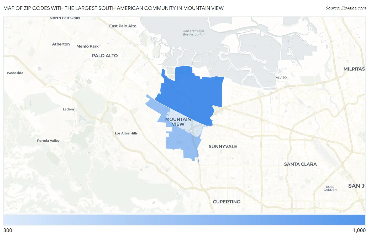 Zip Codes with the Largest South American Community in Mountain View Map