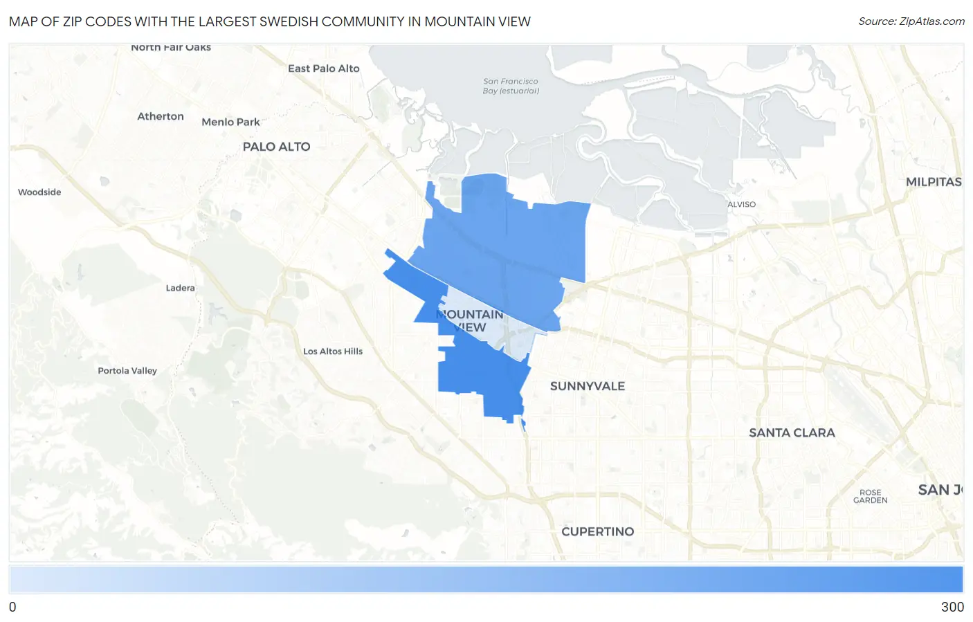 Zip Codes with the Largest Swedish Community in Mountain View Map