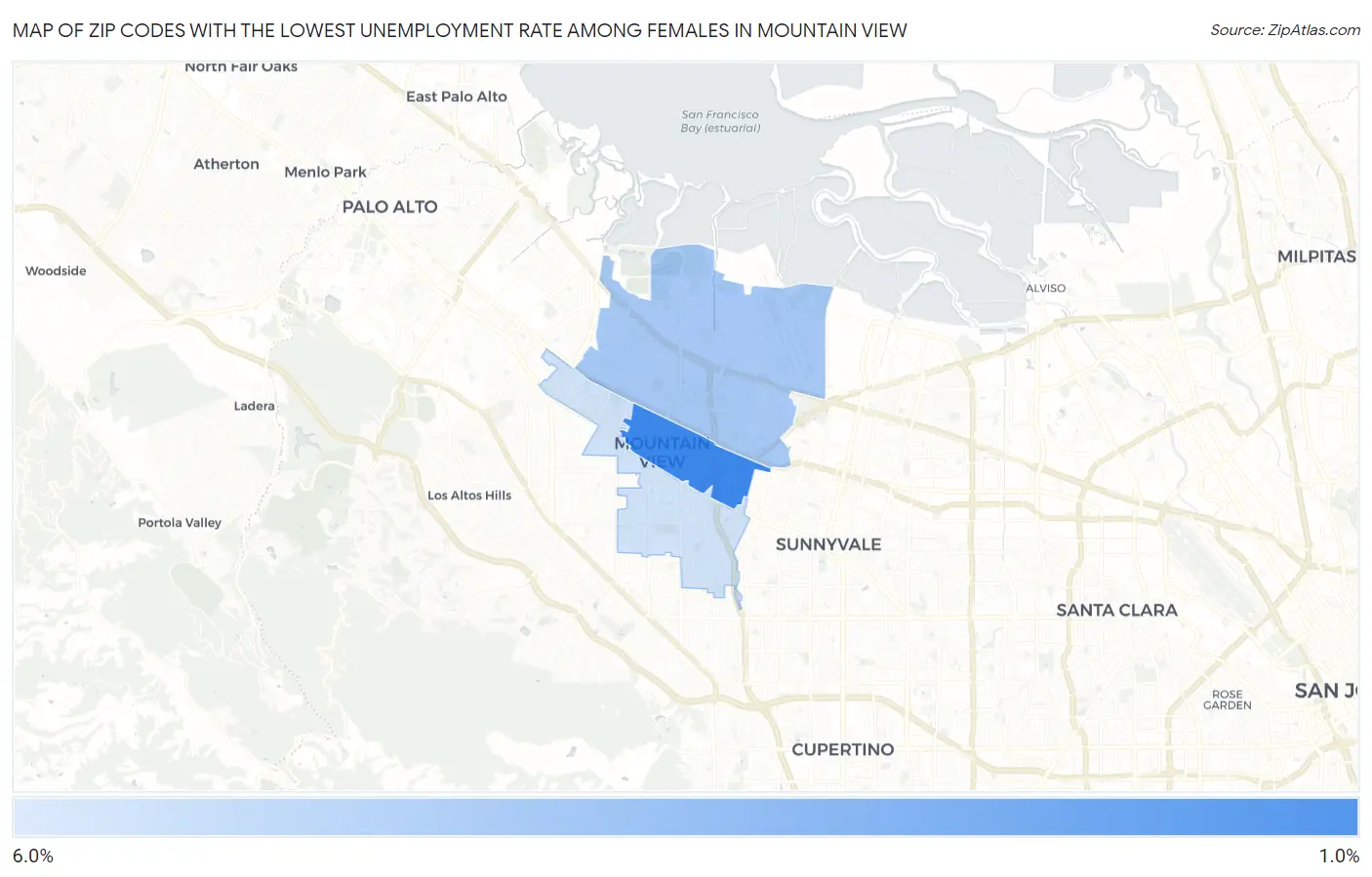 Zip Codes with the Lowest Unemployment Rate Among Females in Mountain View Map