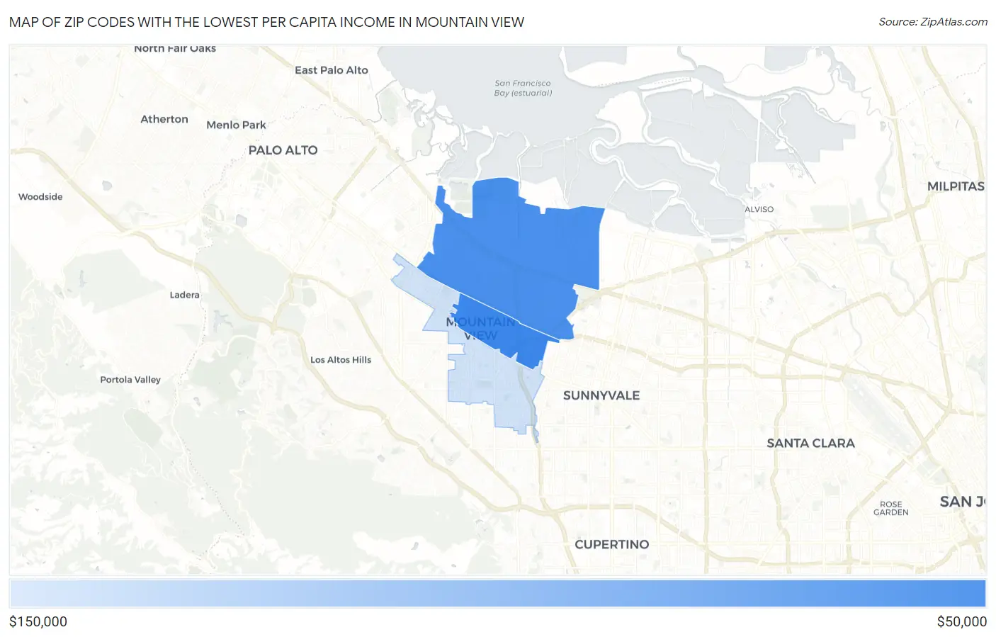 Zip Codes with the Lowest Per Capita Income in Mountain View Map