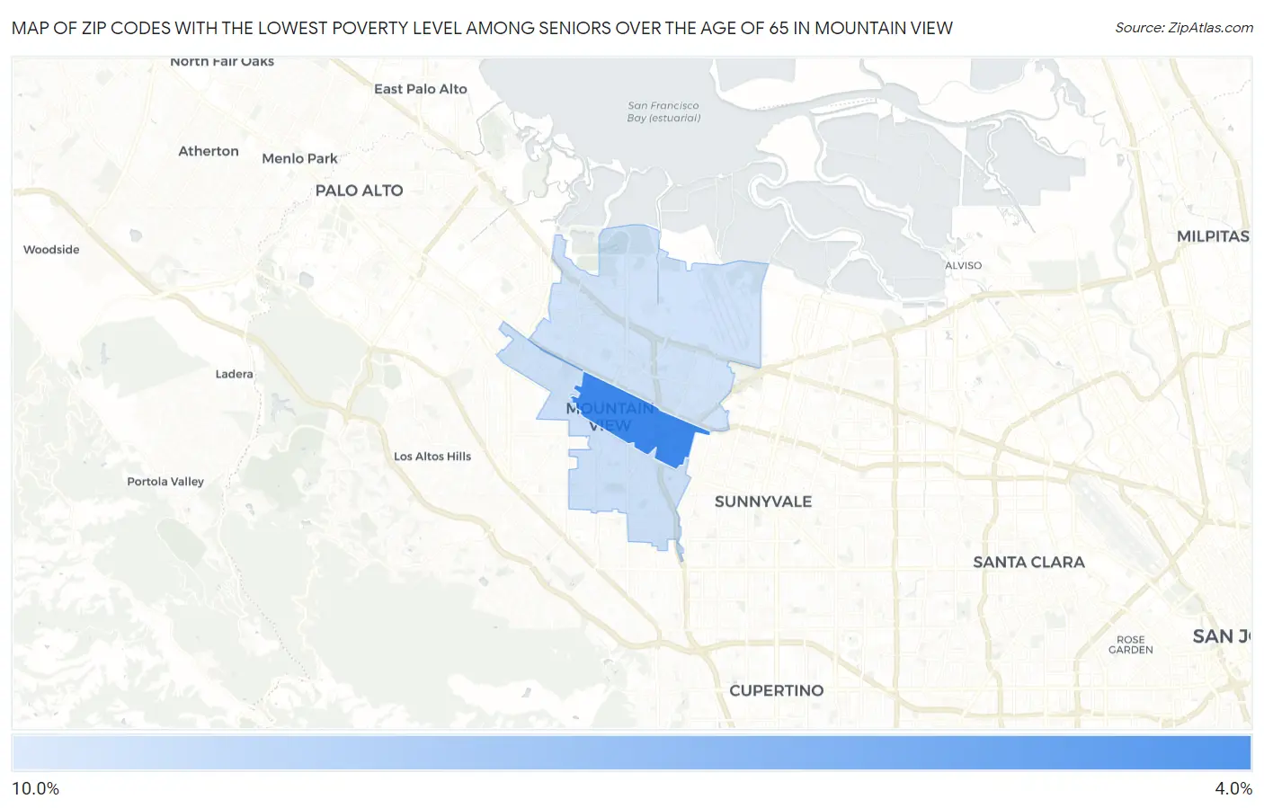 Zip Codes with the Lowest Poverty Level Among Seniors Over the Age of 65 in Mountain View Map