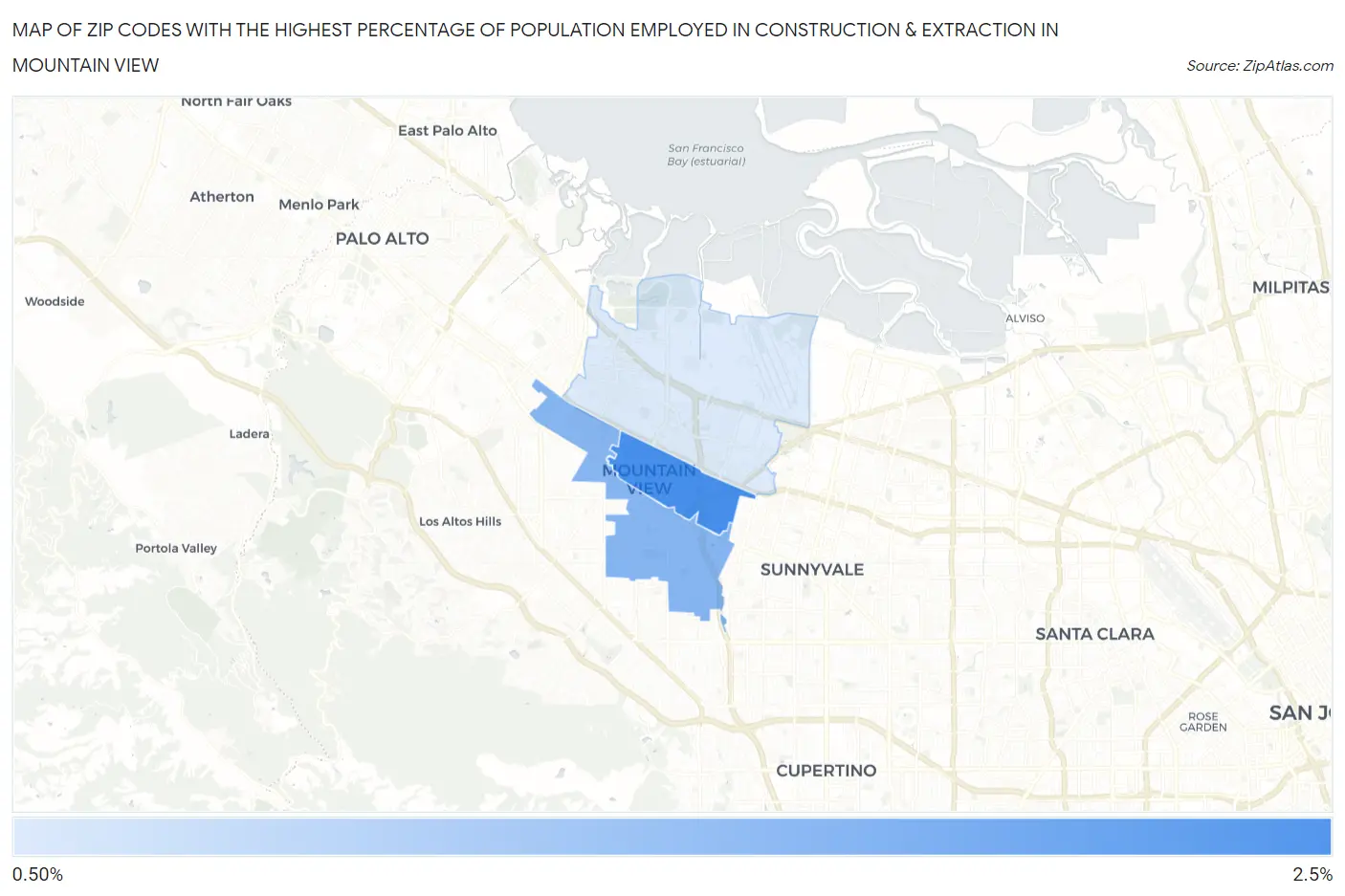 Zip Codes with the Highest Percentage of Population Employed in Construction & Extraction in Mountain View Map