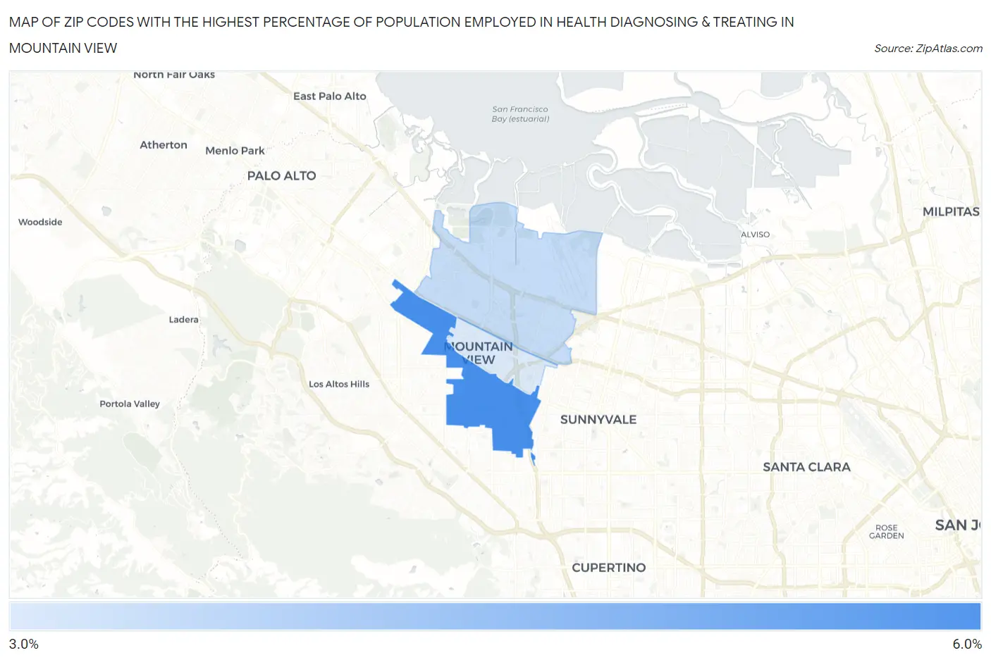 Zip Codes with the Highest Percentage of Population Employed in Health Diagnosing & Treating in Mountain View Map