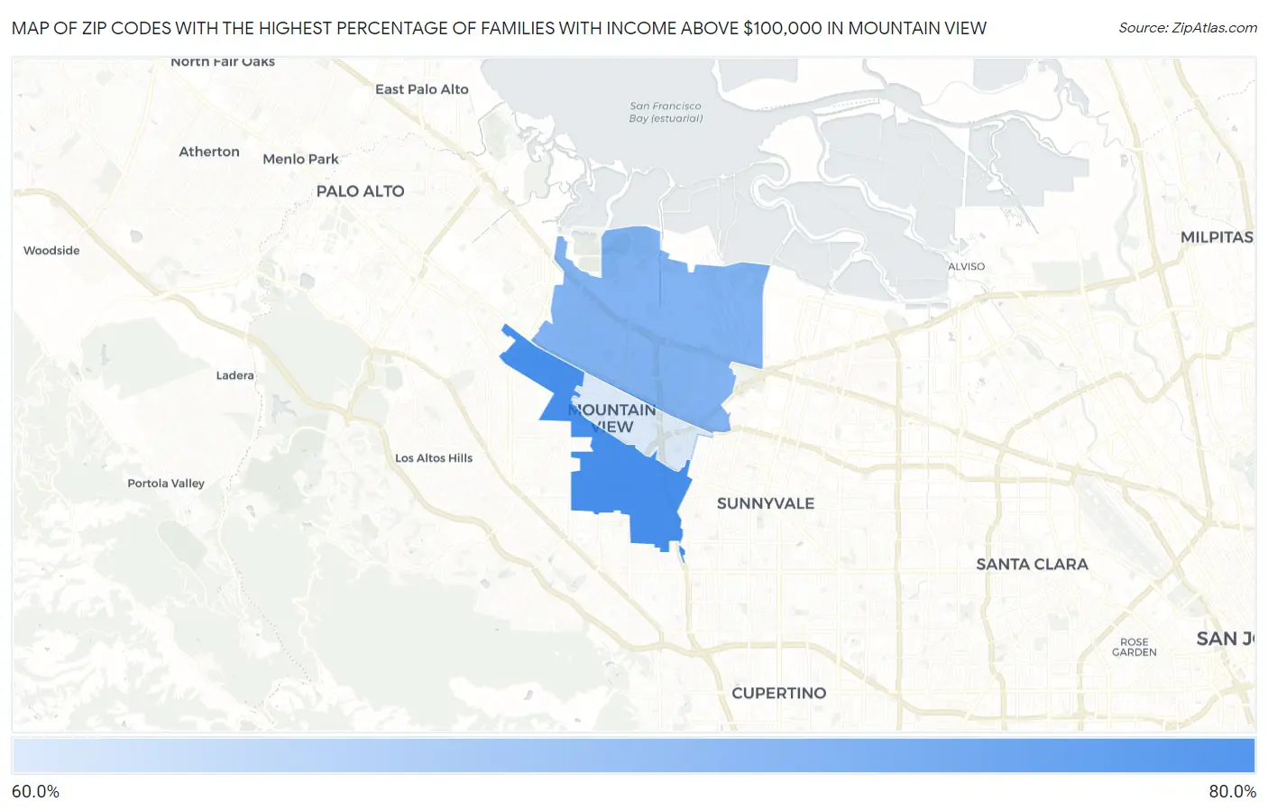 Zip Codes with the Highest Percentage of Families with Income Above $100,000 in Mountain View Map
