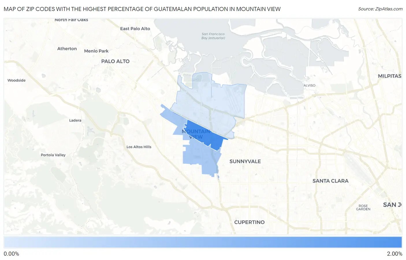 Zip Codes with the Highest Percentage of Guatemalan Population in Mountain View Map