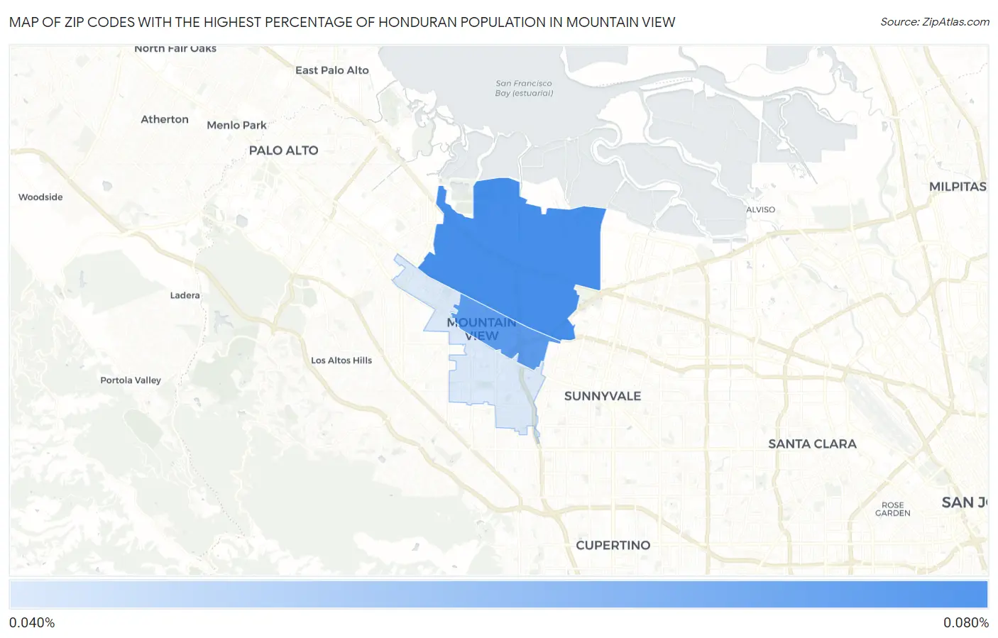 Zip Codes with the Highest Percentage of Honduran Population in Mountain View Map
