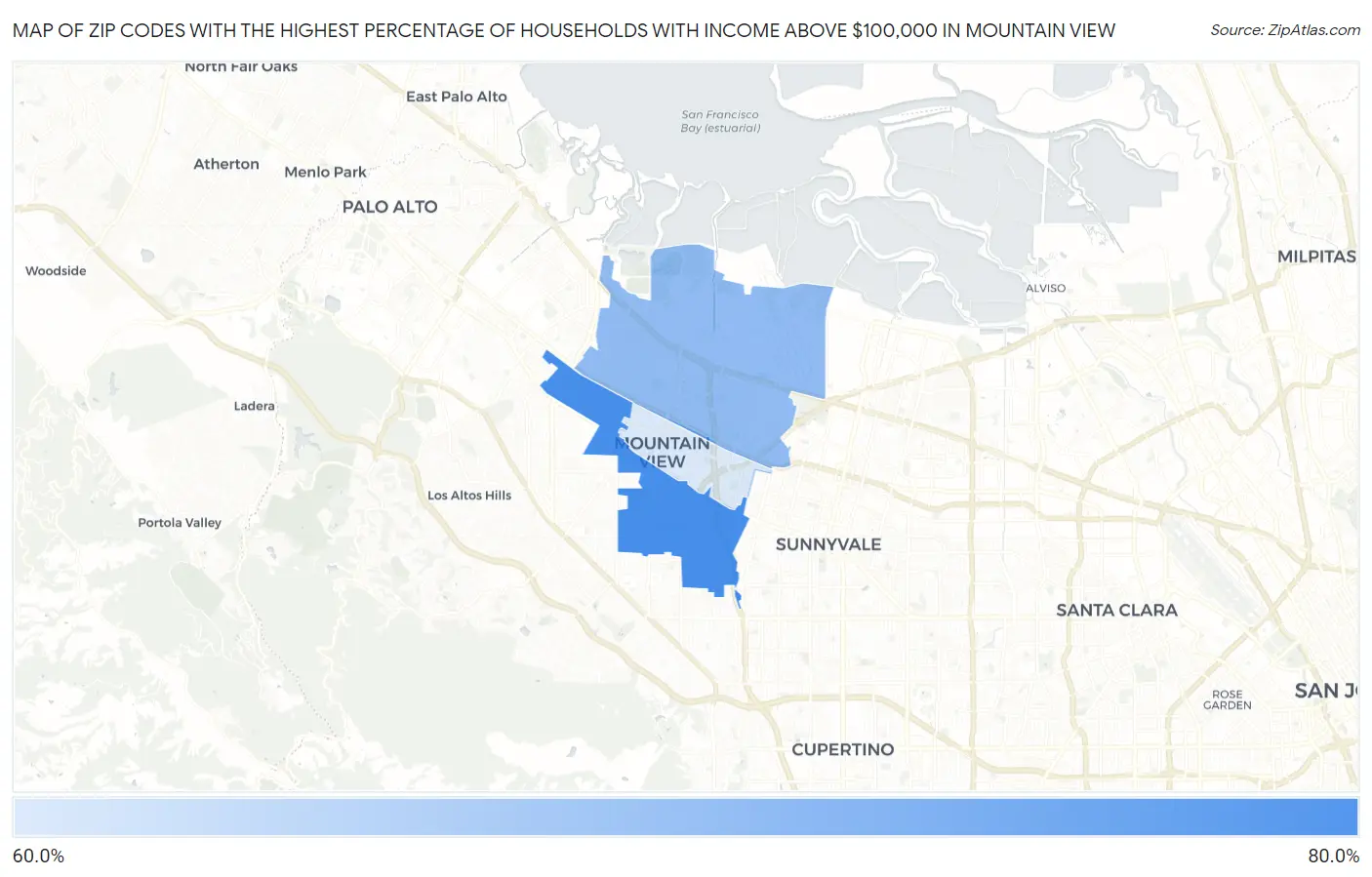 Zip Codes with the Highest Percentage of Households with Income Above $100,000 in Mountain View Map