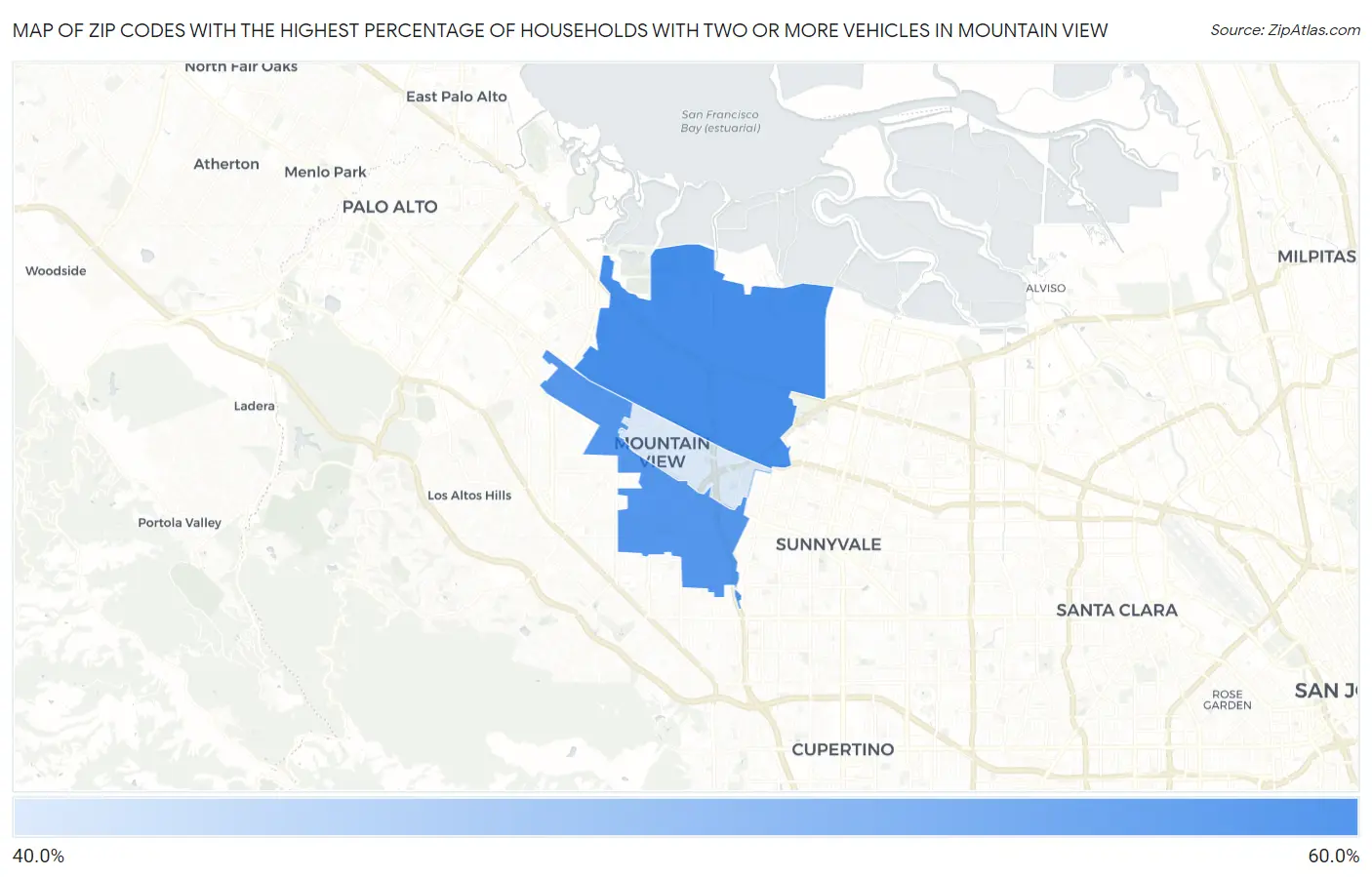Zip Codes with the Highest Percentage of Households With Two or more Vehicles in Mountain View Map