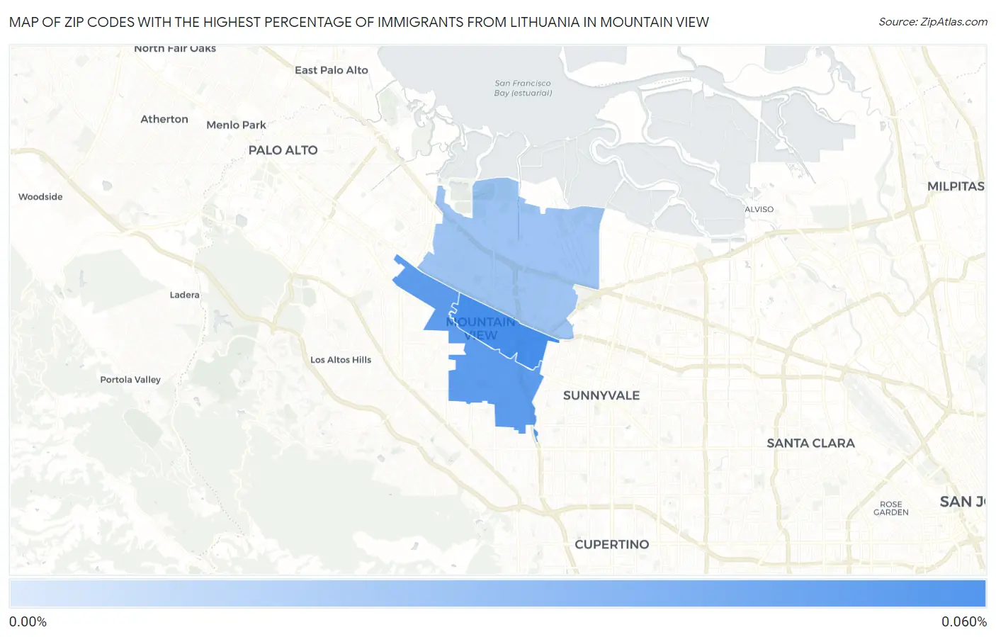 Zip Codes with the Highest Percentage of Immigrants from Lithuania in Mountain View Map
