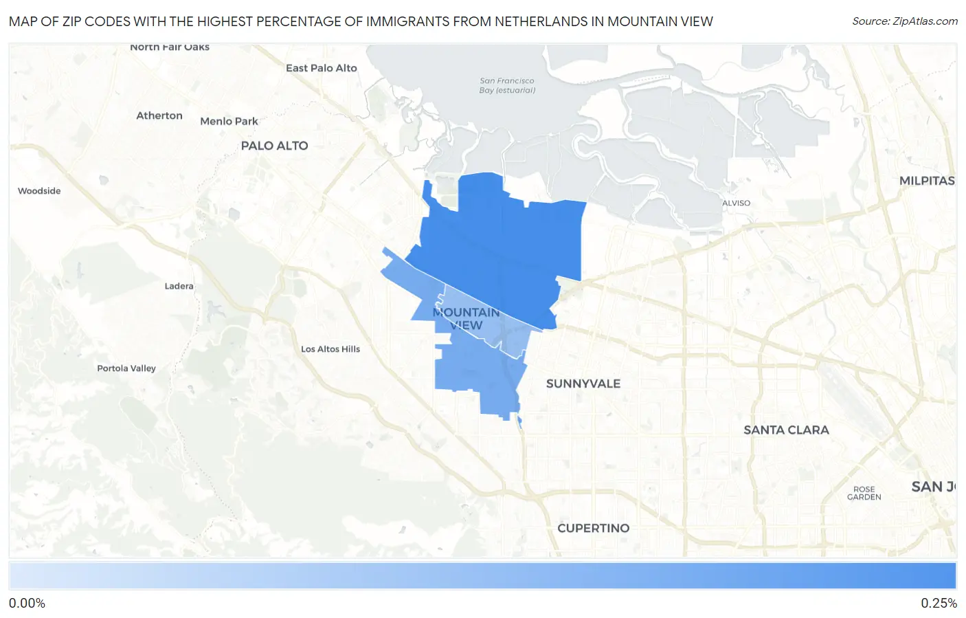 Zip Codes with the Highest Percentage of Immigrants from Netherlands in Mountain View Map