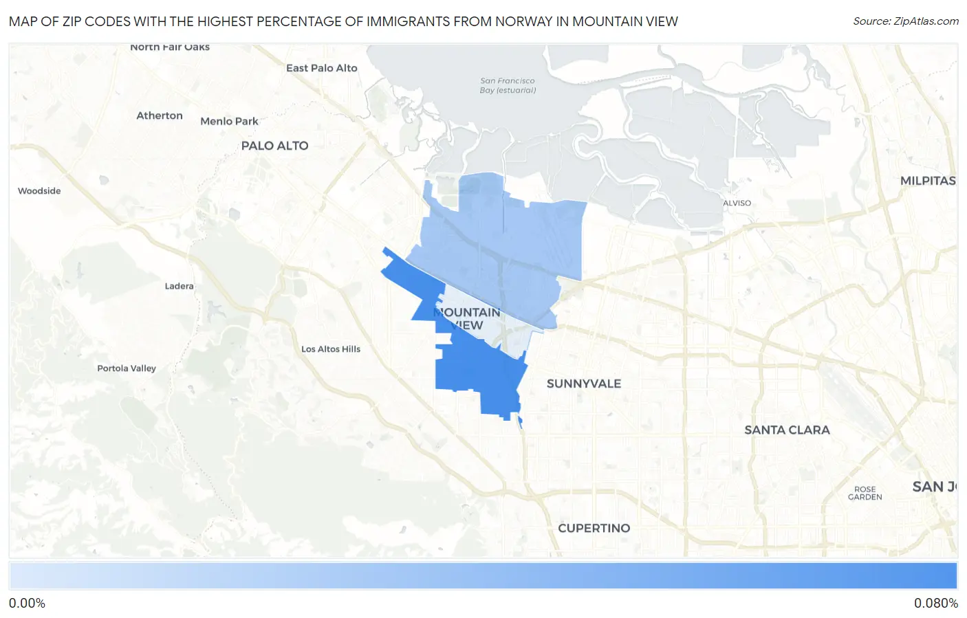 Zip Codes with the Highest Percentage of Immigrants from Norway in Mountain View Map