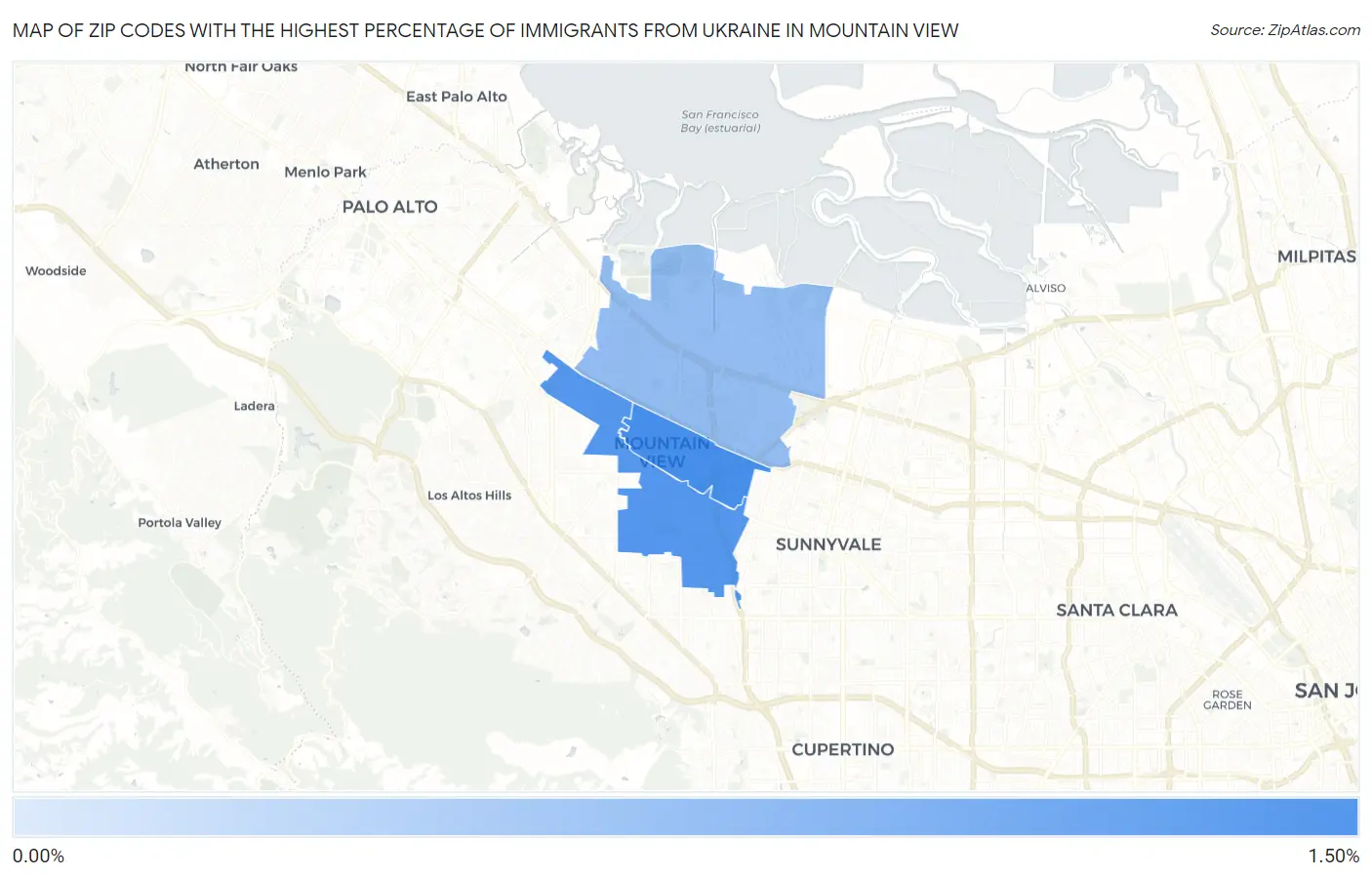 Zip Codes with the Highest Percentage of Immigrants from Ukraine in Mountain View Map