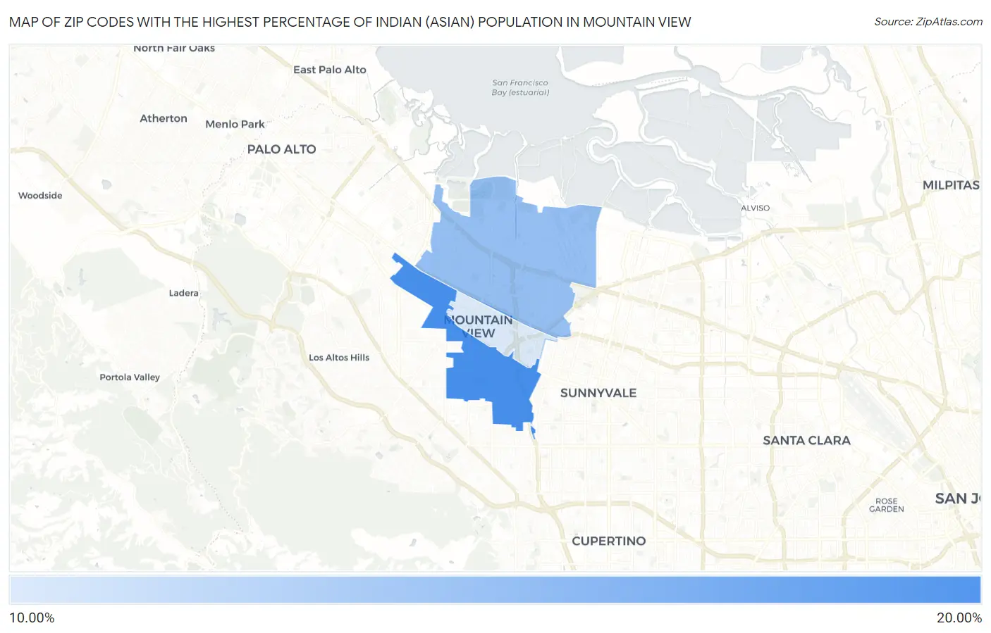 Zip Codes with the Highest Percentage of Indian (Asian) Population in Mountain View Map