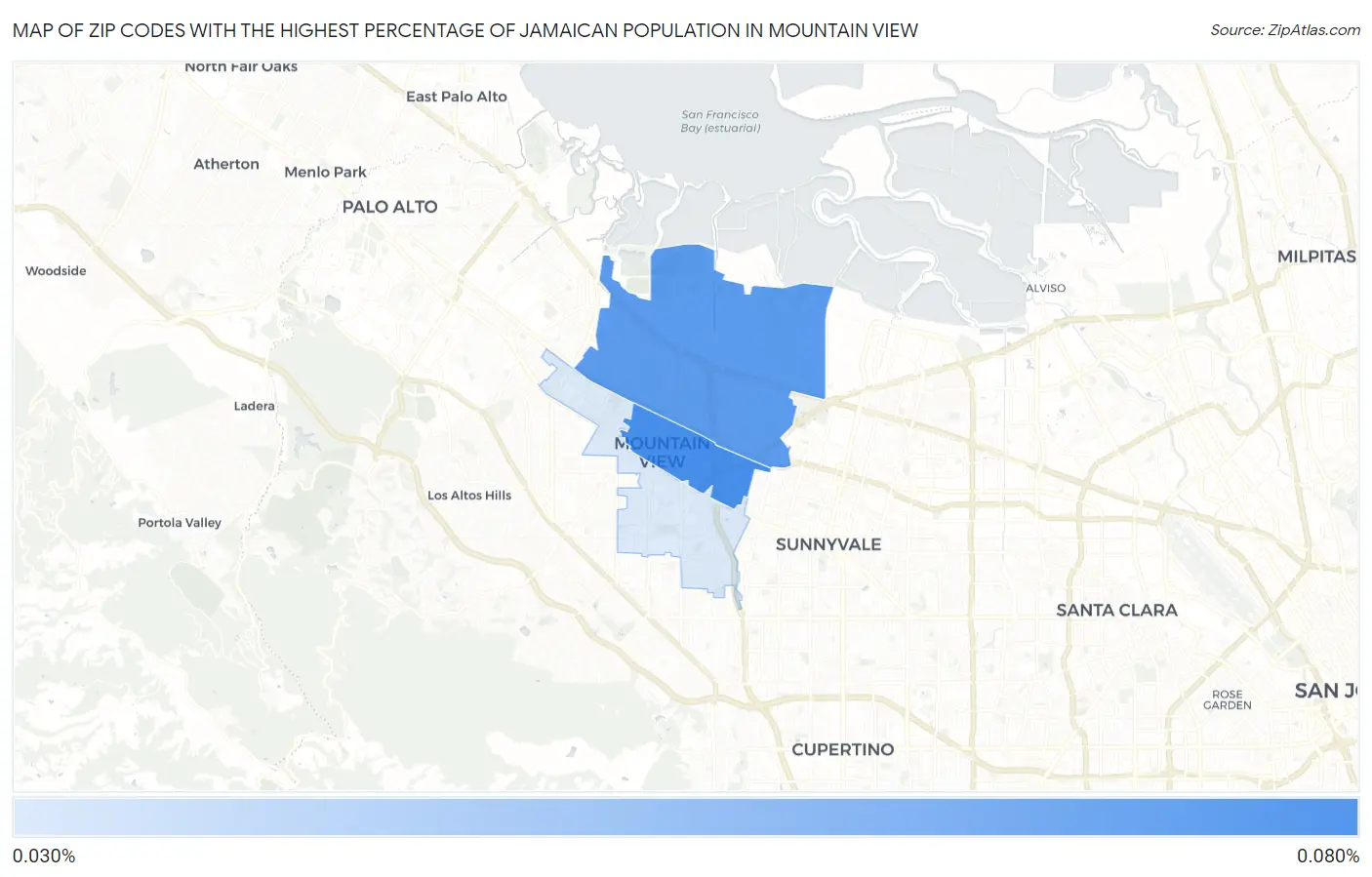 Zip Codes with the Highest Percentage of Jamaican Population in Mountain View Map