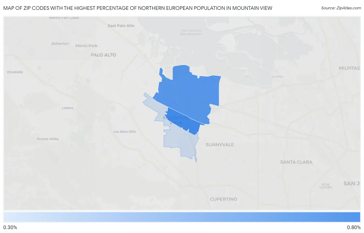 Zip Codes with the Highest Percentage of Northern European Population in Mountain View Map