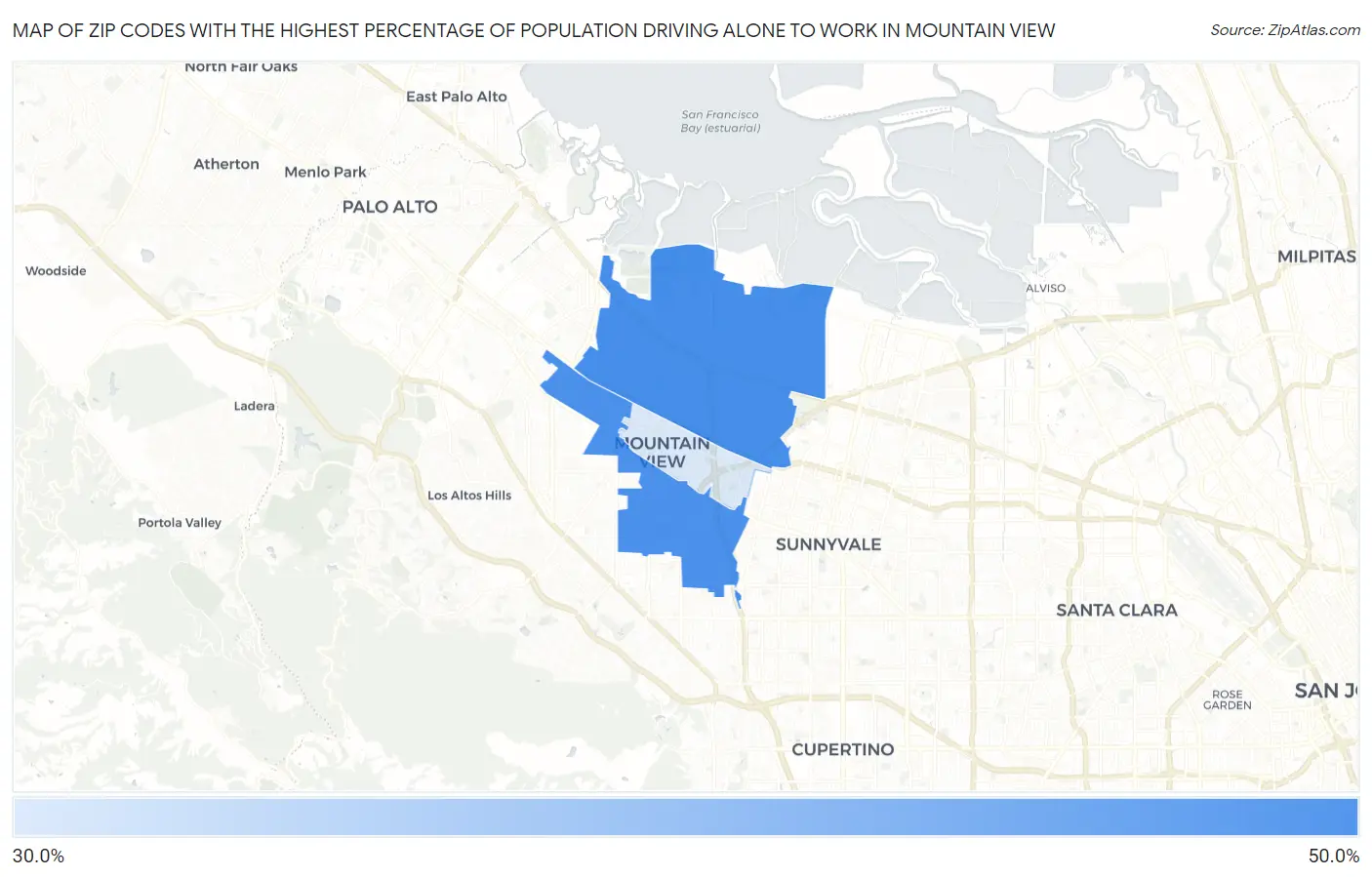 Zip Codes with the Highest Percentage of Population Driving Alone to Work in Mountain View Map