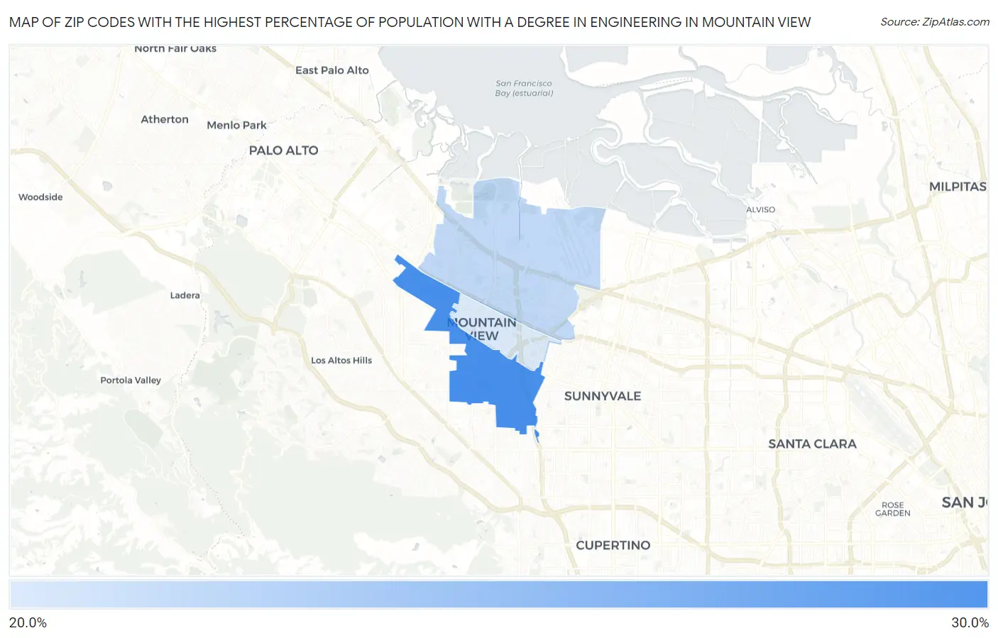 Zip Codes with the Highest Percentage of Population with a Degree in Engineering in Mountain View Map