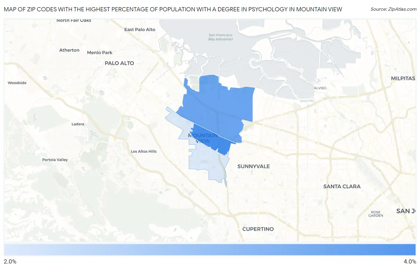 Zip Codes with the Highest Percentage of Population with a Degree in Psychology in Mountain View Map