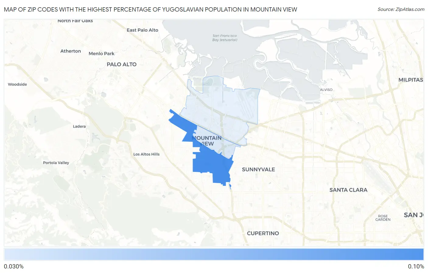 Zip Codes with the Highest Percentage of Yugoslavian Population in Mountain View Map