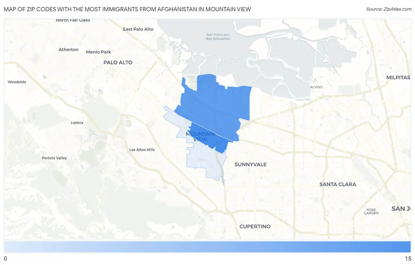 Zip Codes with the Most Immigrants from Afghanistan in Mountain View Map
