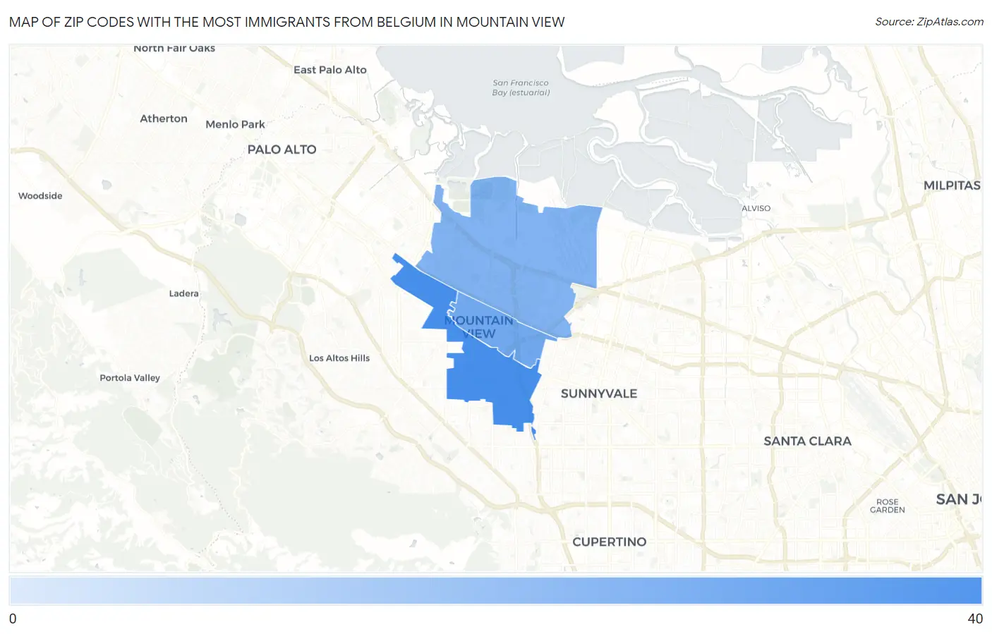 Zip Codes with the Most Immigrants from Belgium in Mountain View Map
