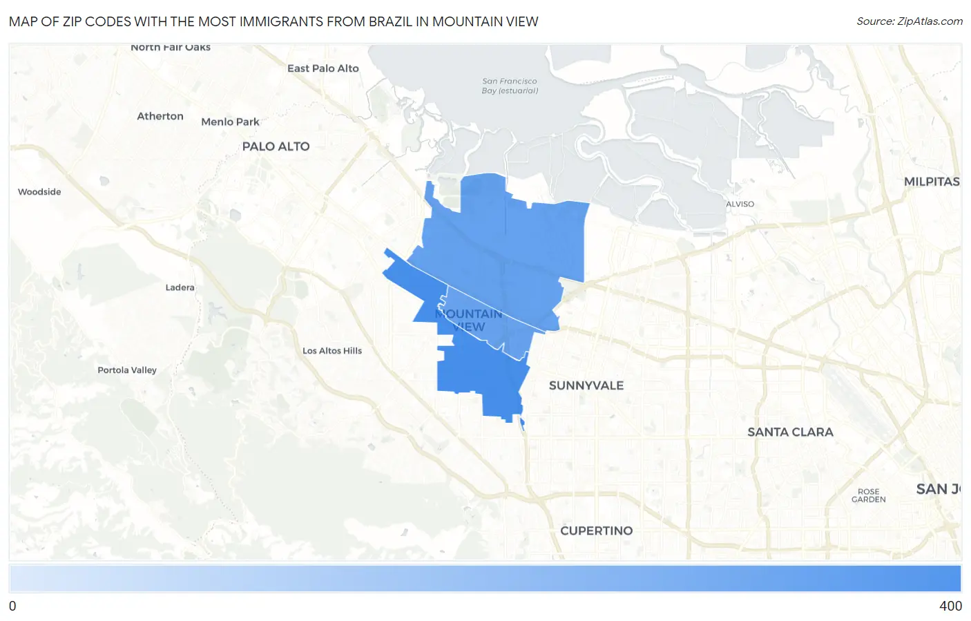 Zip Codes with the Most Immigrants from Brazil in Mountain View Map