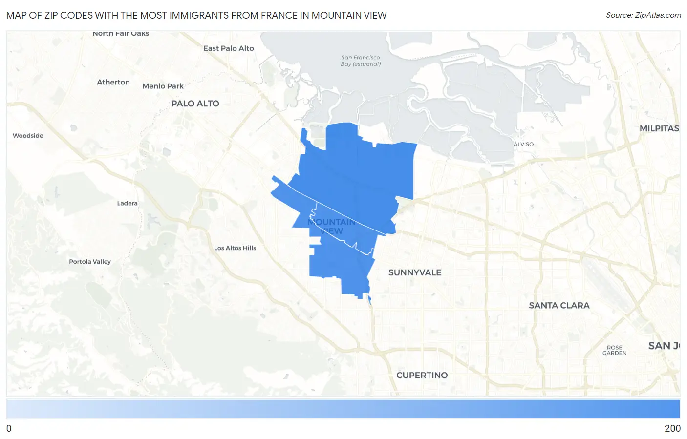 Zip Codes with the Most Immigrants from France in Mountain View Map