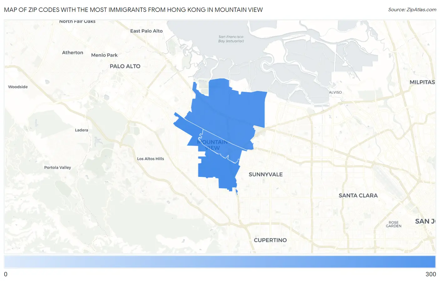 Zip Codes with the Most Immigrants from Hong Kong in Mountain View Map