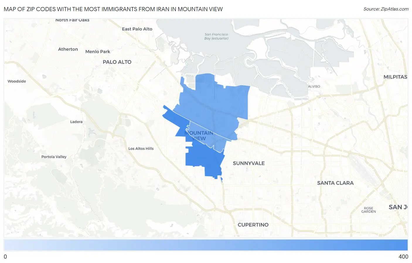 Zip Codes with the Most Immigrants from Iran in Mountain View Map