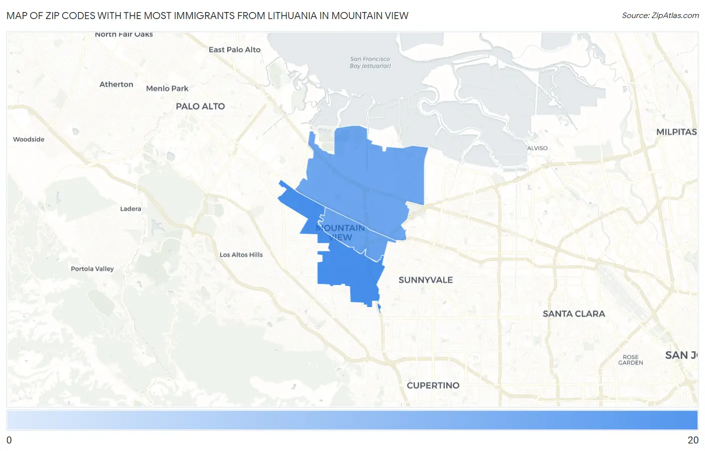 Zip Codes with the Most Immigrants from Lithuania in Mountain View Map
