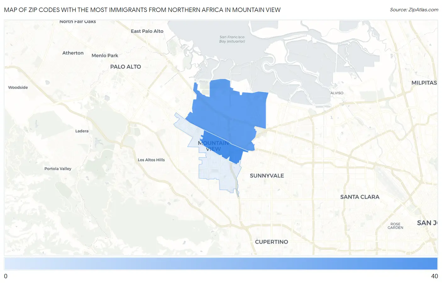 Zip Codes with the Most Immigrants from Northern Africa in Mountain View Map