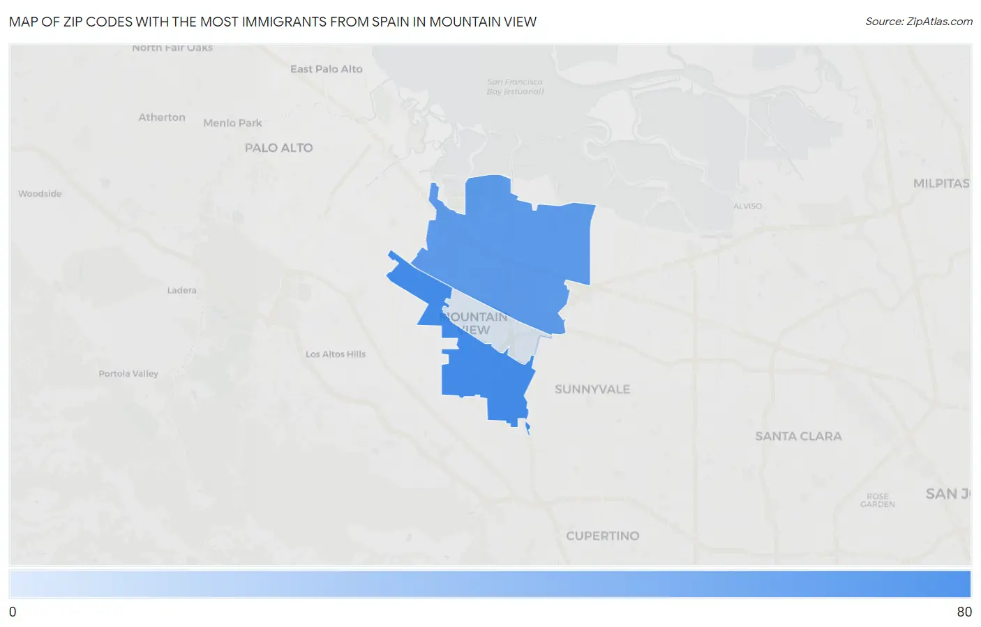 Zip Codes with the Most Immigrants from Spain in Mountain View Map