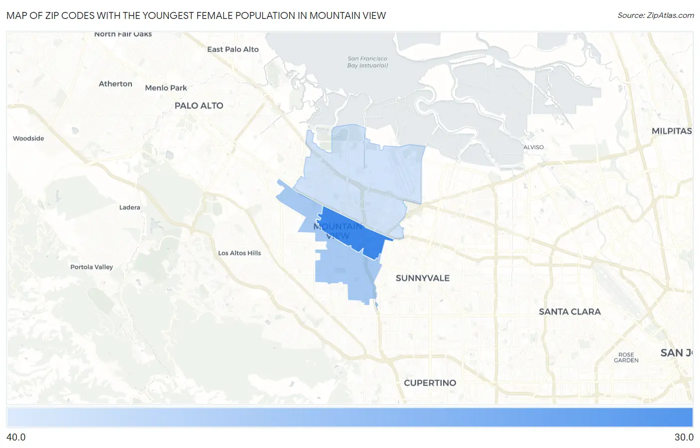 Zip Codes with the Youngest Female Population in Mountain View Map