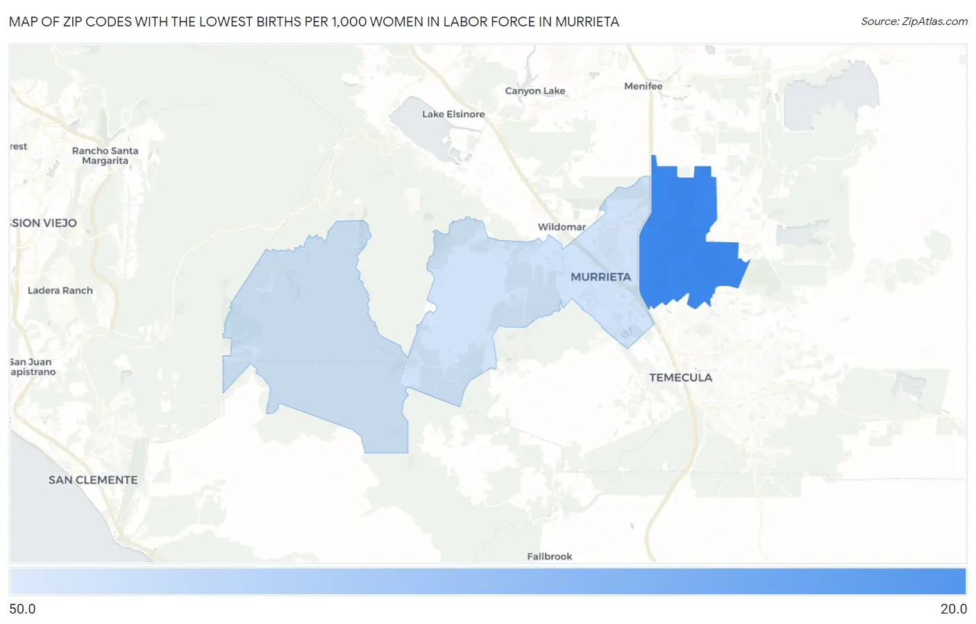 Zip Codes with the Lowest Births per 1,000 Women in Labor Force in Murrieta Map