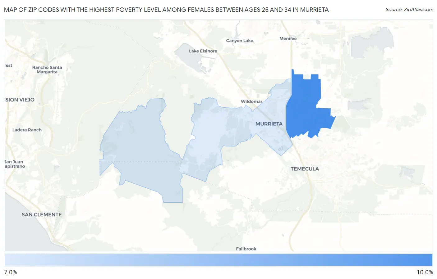 Zip Codes with the Highest Poverty Level Among Females Between Ages 25 and 34 in Murrieta Map