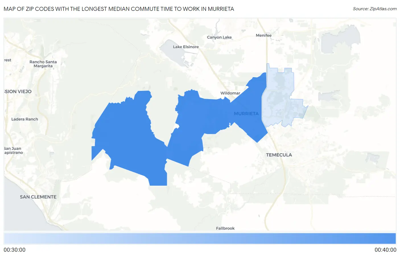 Zip Codes with the Longest Median Commute Time to Work in Murrieta Map