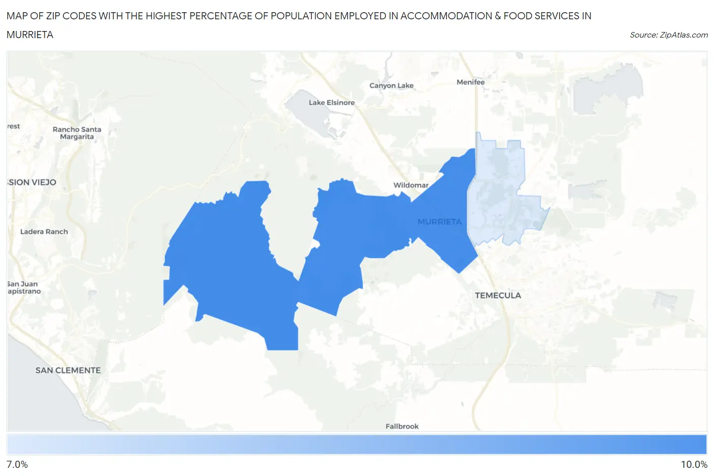 Zip Codes with the Highest Percentage of Population Employed in Accommodation & Food Services in Murrieta Map