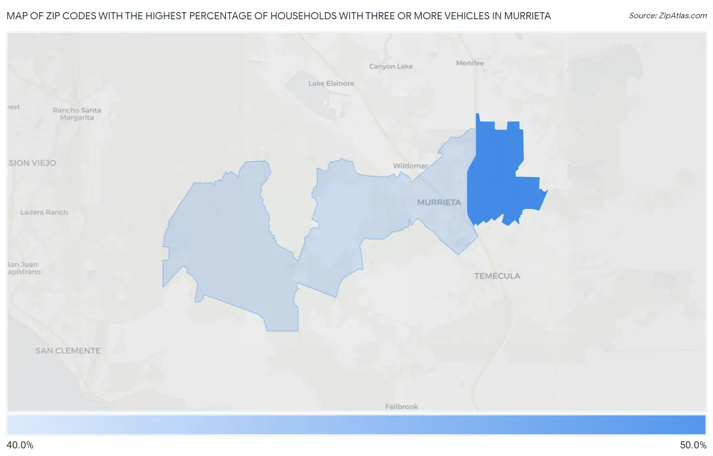Zip Codes with the Highest Percentage of Households With Three or more Vehicles in Murrieta Map