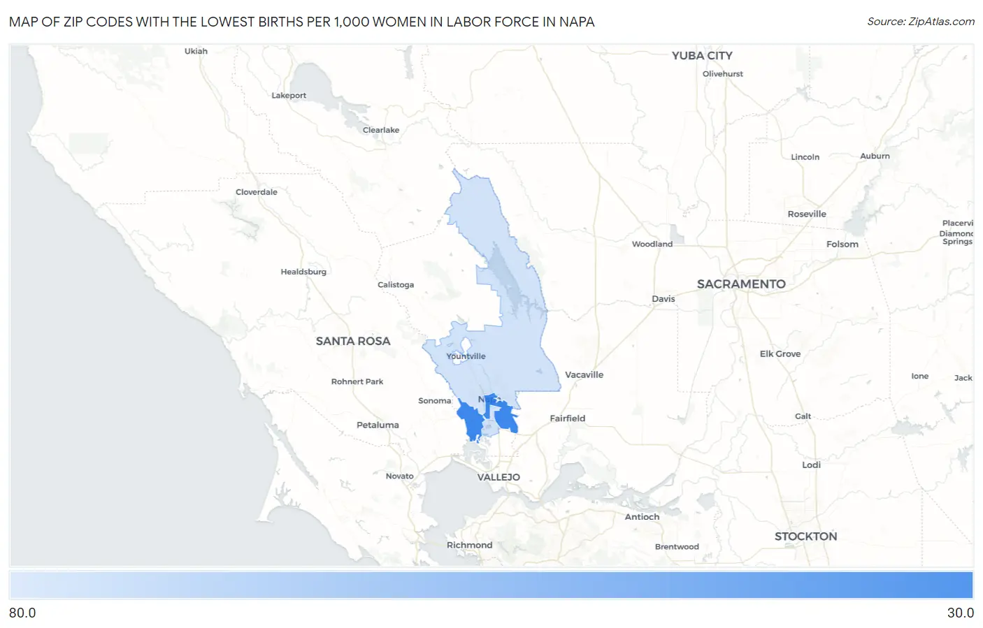 Zip Codes with the Lowest Births per 1,000 Women in Labor Force in Napa Map